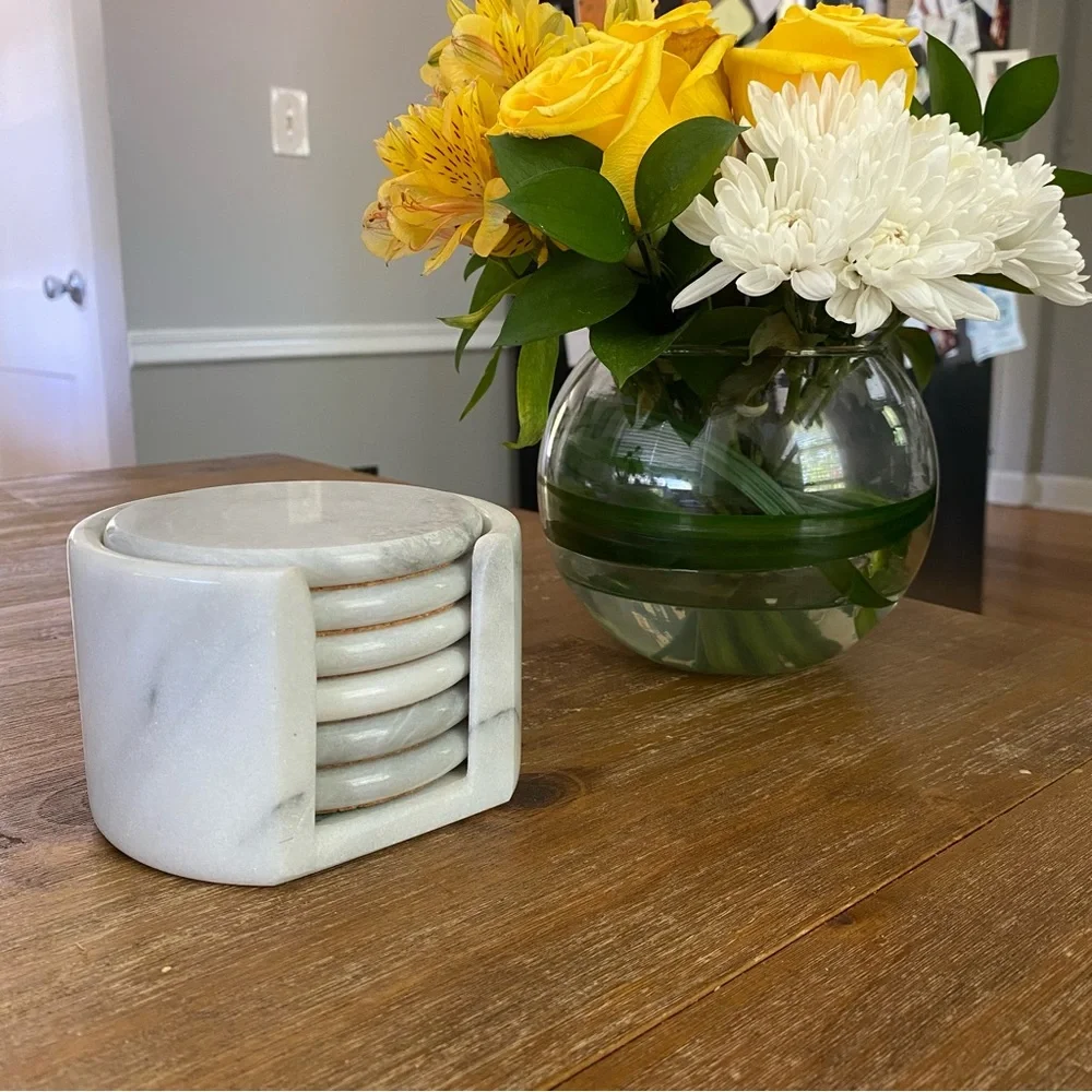Vtg cooks kitchen contemporary white gray marble 6 pack coaster set kitchen home